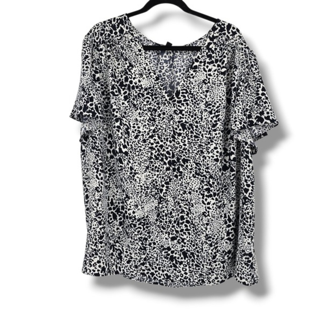 Hilary‎ Radley Womens 3X Navy Blue White Leopard Animal Print V-Neck Blouse Top